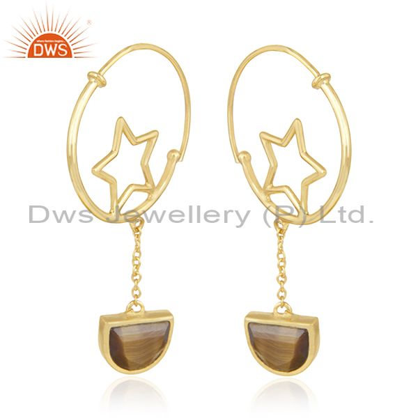 Exporter 925 Silver Gold Plated Tiger Eye Gemstone Star Charm Hoop Earring Manufacturers