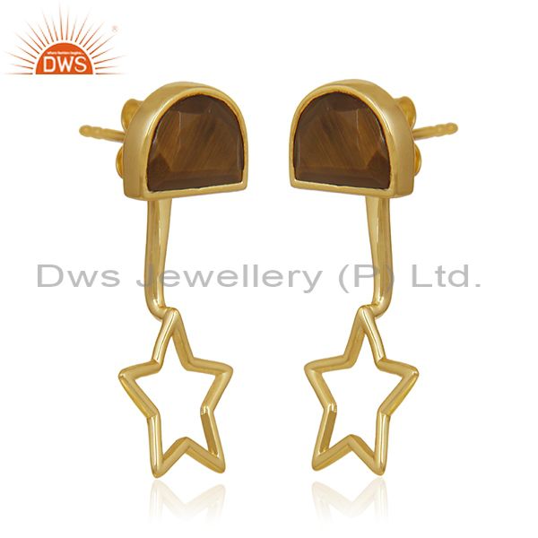 Exporter Yellow Gold Plated 925 Silver Tiger Eye Gemstone Star Design Earring Wholesale