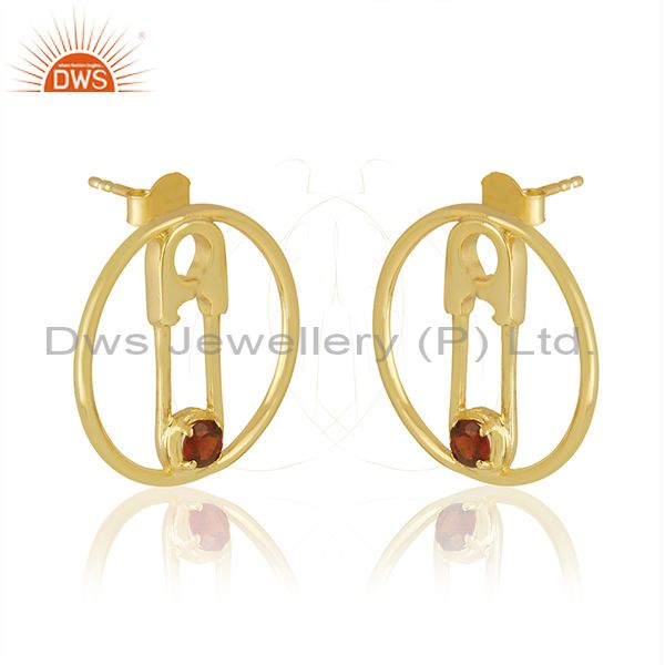 Exporter Natural Garnet Gemstone Pin Design Gold Plated 925 Silver Earring Jewellery