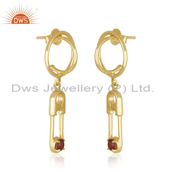 Exporter Garnet Gemstone Gold Plated 925 Silver Pin Design Earring Manufacturer in Jaipur