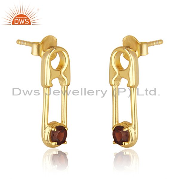 Exporter 18k Gold Plated Sterling Silver Garnet Gemstone Pin Design Earrings Manufacturer