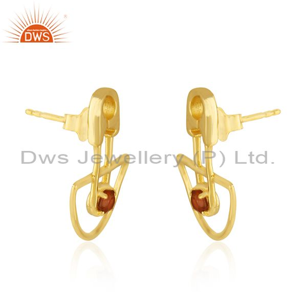 Exporter Yellow Gold Plated Customized Design 925 Silver Garnet Stone Stud Earring