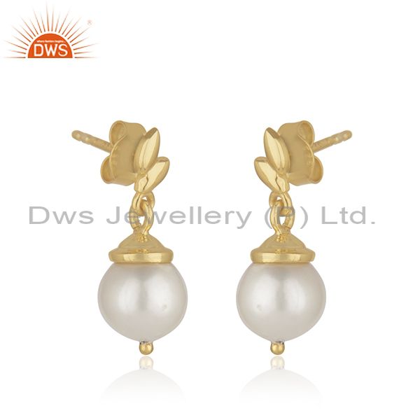 Exporter Leaf Design Sterling Silver Gold Plated Natural Pearl Girls Earrings