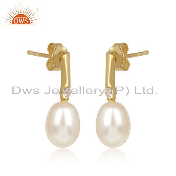 Handmade elegant yellow gold on silver 925 dangle with pearl and cz