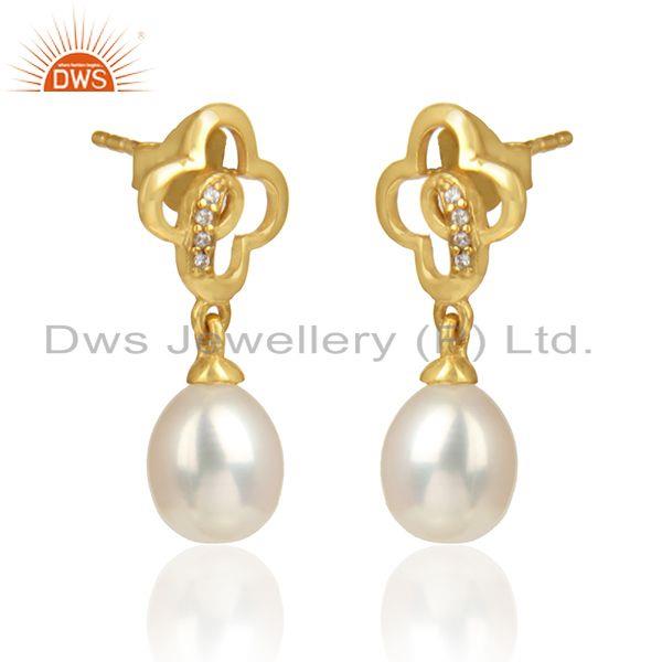 Flower design gold plated 925 silver cz pearl gemstone earrings