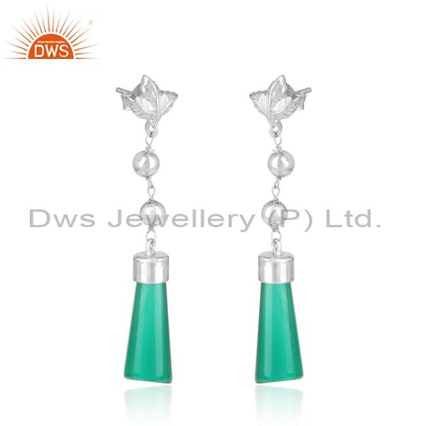 Designer long dangle in rhodium on silver and fancy green onyx