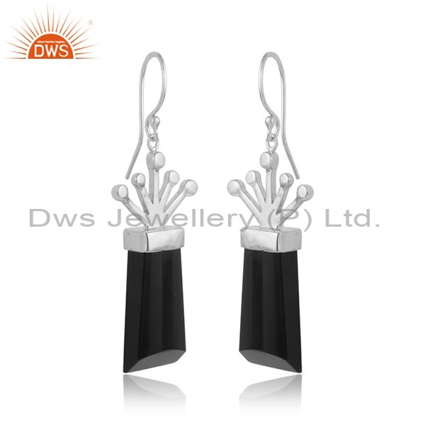 Handmade white rhodium plated silver black onyx gemstone earrings