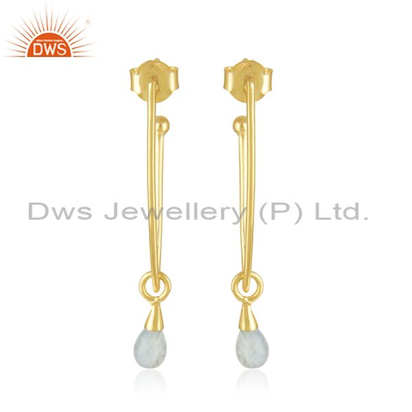 Round Aquamarine Set Gold On 925 Silver Long Drop Earrings