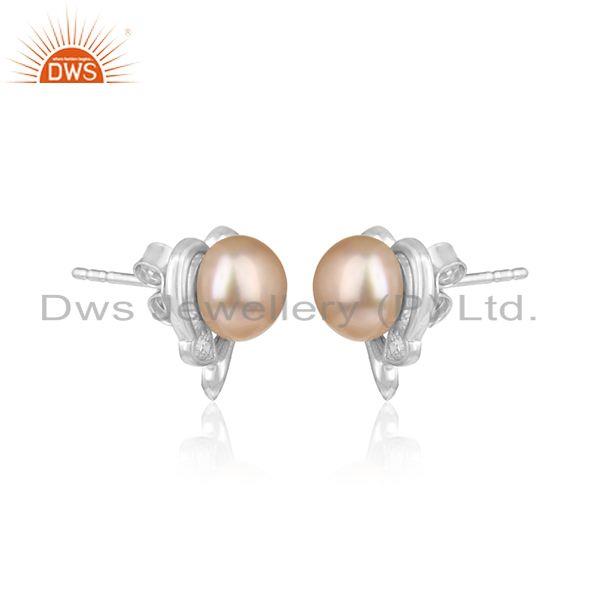 Cz pink pearl womens white rhodium plated silver earrings jewelry