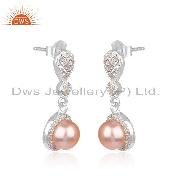 Exporter CZ Gray Pearl White Rhodium Plated Silver Dangle Drop Earrings Jewelry