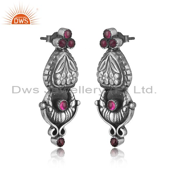 Handcrafted floral design tribe red stone earring in oxidized silver