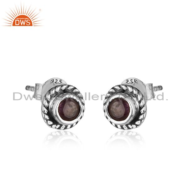 Exporter Round Oxidized 925 Silver Natural Amethyst Gemstone Stud Earrings