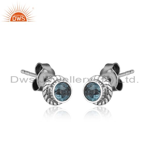 Blue topaz gemstone antique sterling silver oxidized stud earrings