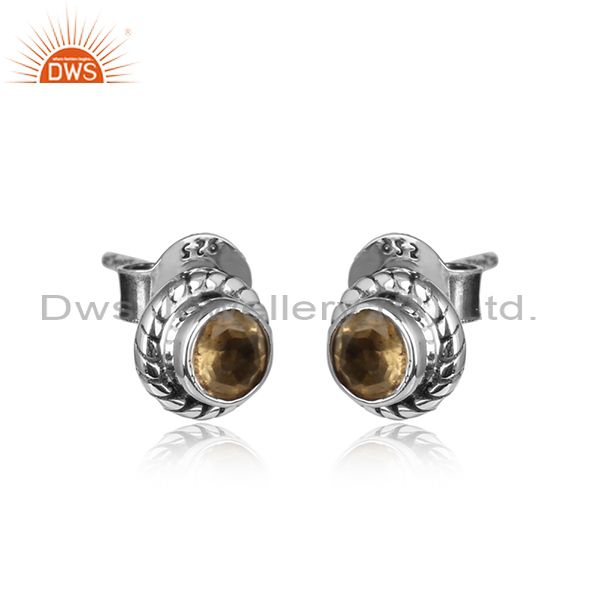 Citrine gemstone oxidized 925 silver designer tiny stud earrings