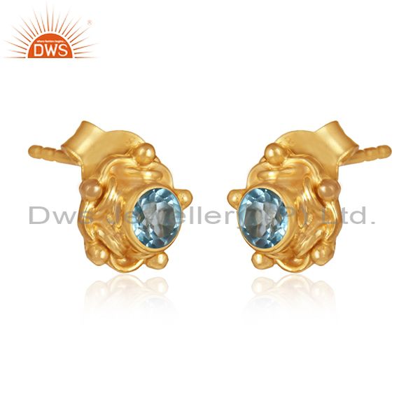 Round gold plated silver blue topaz gemstone stud earring jewelry