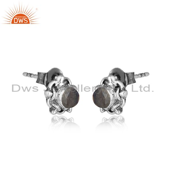 Tiny labradorite gemstone oxidized silver designer stud earrings