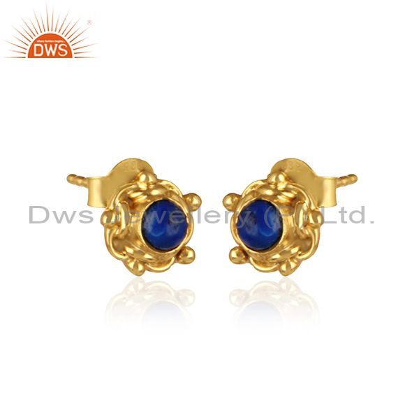 Handmade designer earring in yellow gold on silver with lapis