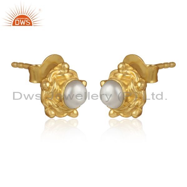 Natural pearl gemstone handmade gold plated silver round earrings