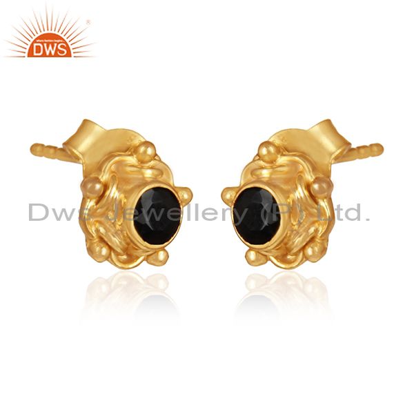 Black onyx gemstone stud earrings gold plated silver jewelry