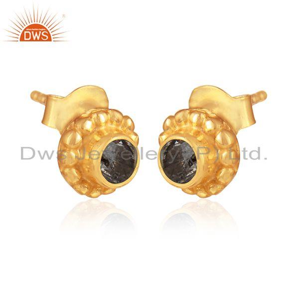 Black rutile gemstone handmade gold plated silver stud earring