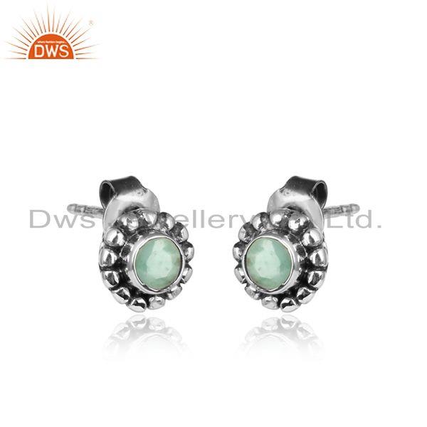 Emerald gemstone handmade sterling silver oxidized tiny earrings
