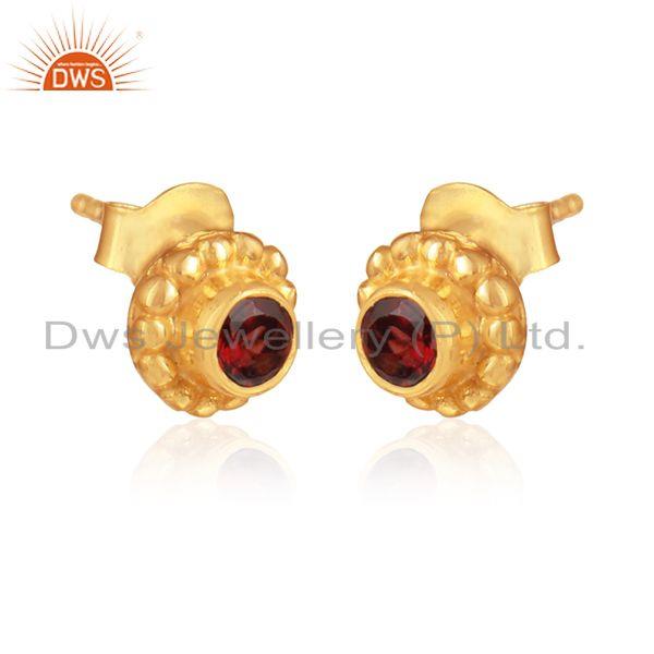 Garnet gemstone flower designer gold plated silver stud earrings