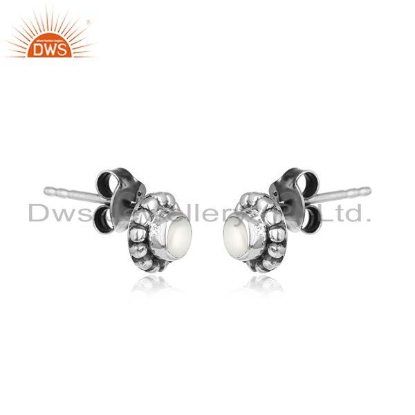Natural pearl gemstone womens oxidized 925 silver stud earring