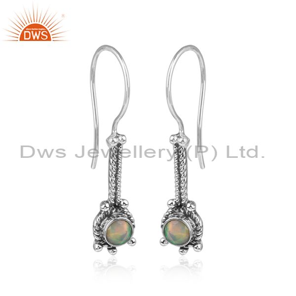 Elongated designer earring in oxidized silver with ethiopian opal