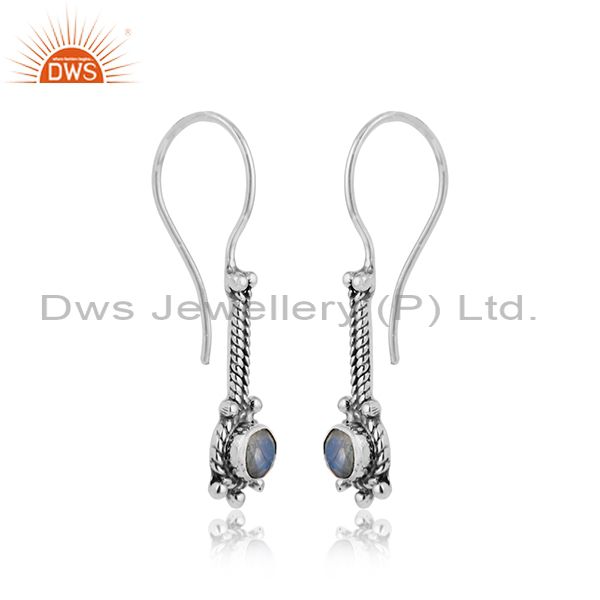 Rainbow moonstone gemstone designer 925 silver oxidized earrings