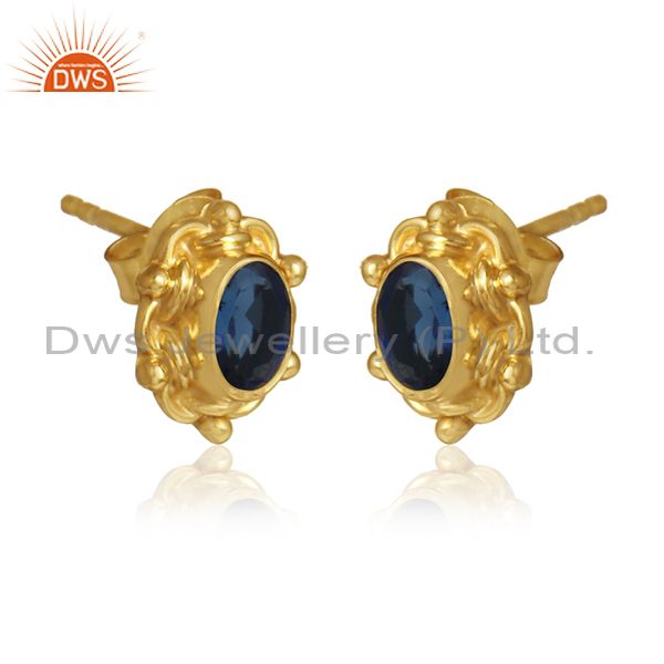 Blue corundum gemstone designer gold plated silver stud earrings