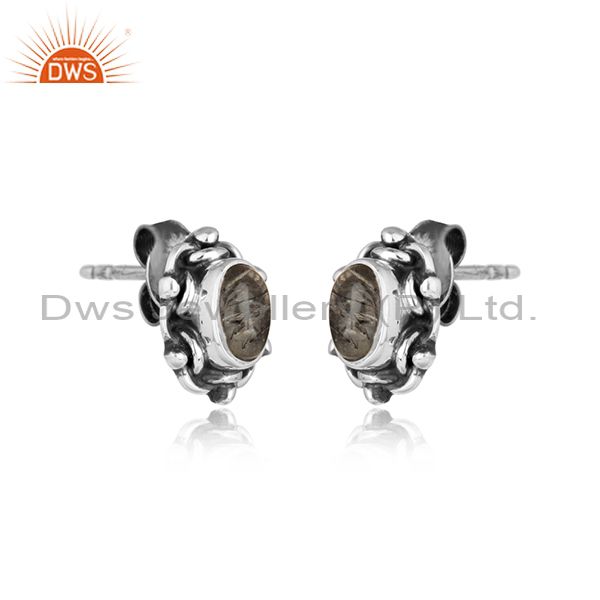 Black rutile gemstone handmade designer oxidized silver stud earring