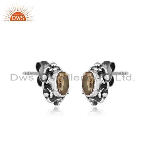Citrine gemstone designer 925 silver handmade oxidized stud earring
