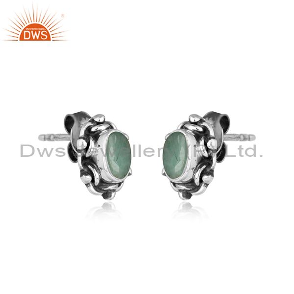 Handmade oxidized 925 silver designer emerald gemstone stud earring