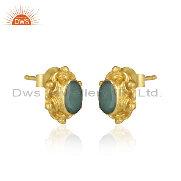 Dainty texture earring in yellow gold over silver with emerald