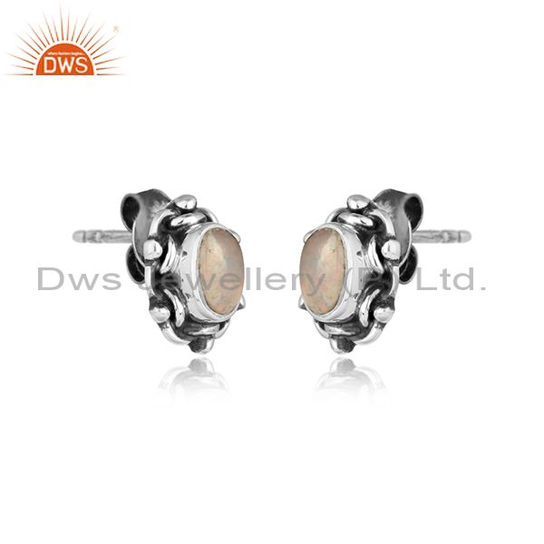Ethiopian opal gemstone handmade oxidized 925 silver stud earrings