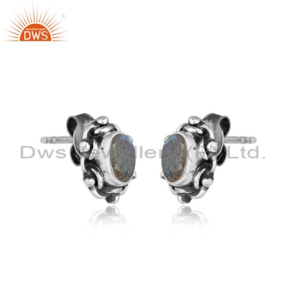 Labradorite gemstone womens sterling silver oxidized stud earring