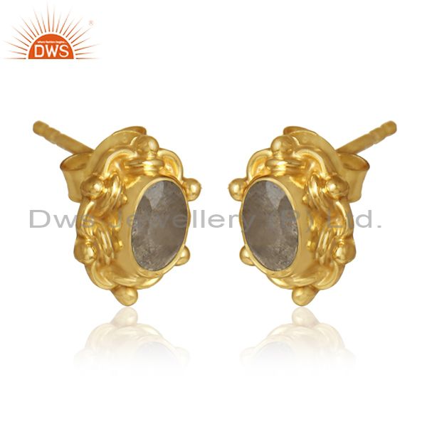 Labradorite gemstone designer 18k gold over silver stud earrings