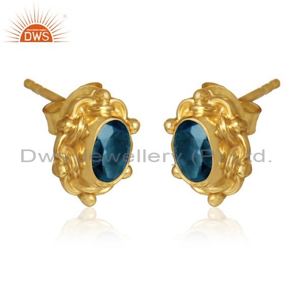 Designer gold over silver london blue topaz gemstone stud earring