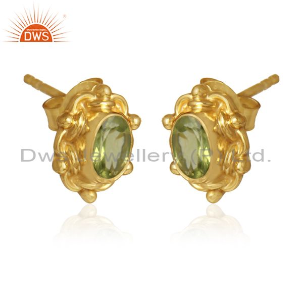 Natural peridot gemstone designer 18k gold silver stud earrings