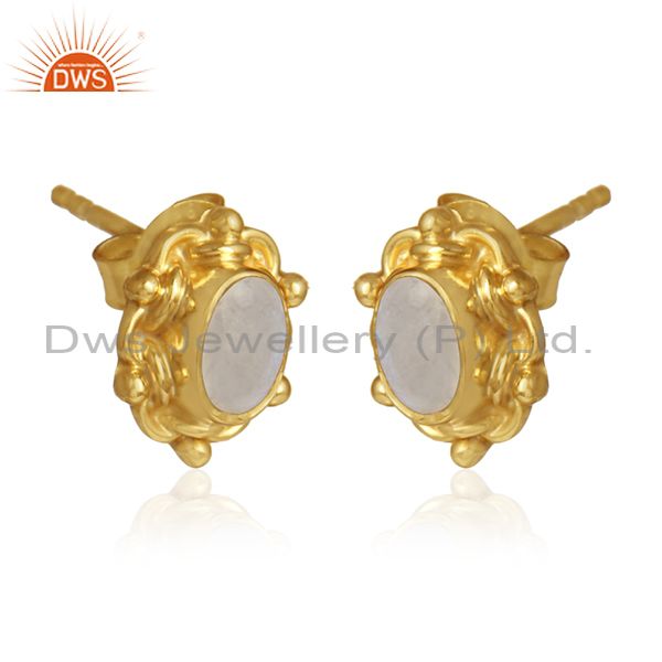 Oval shape moonstone gemstone gold over designer silver earrings