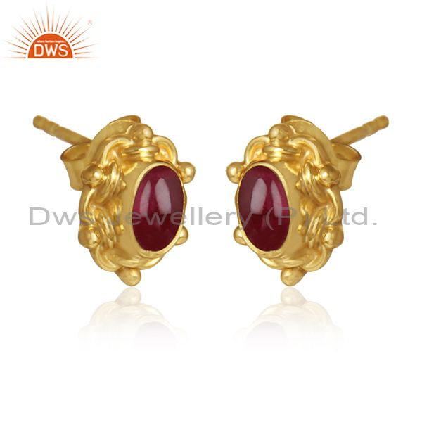 Pink tourmaline gemstone womens gold plated silver stud earrings