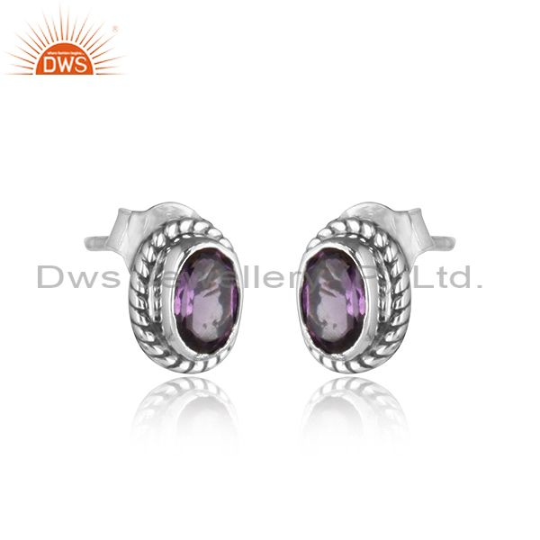 Exporter Handmade Oxidized Plated Sterling Silver Amethyst Stud Earrings