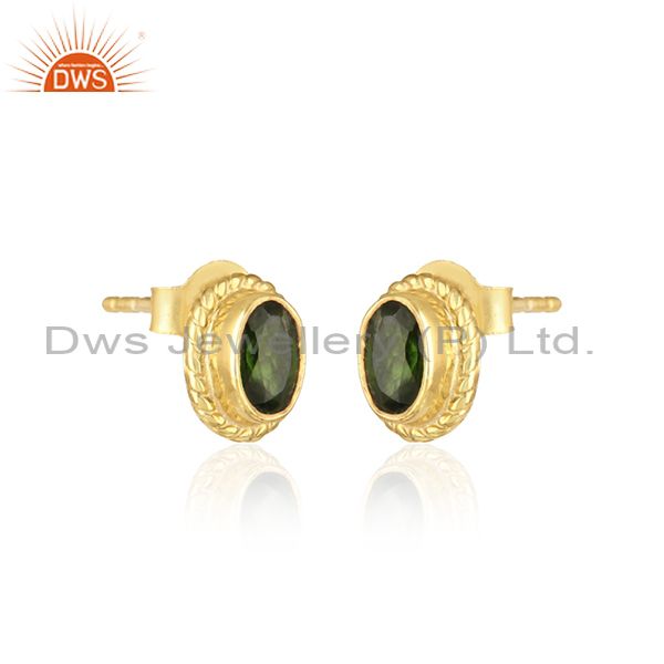 Handmade silver earring with chrome diopside and yellow gold on