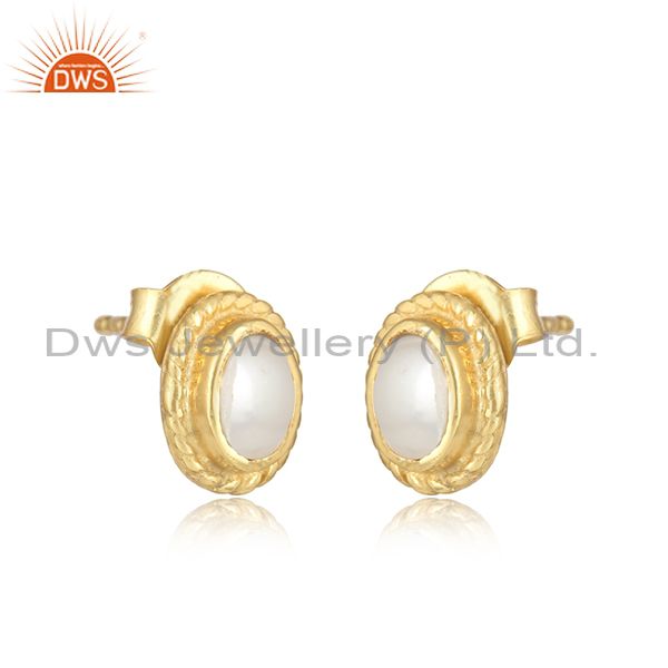 Textured silver stud 925 with pearl and yellow gold plating