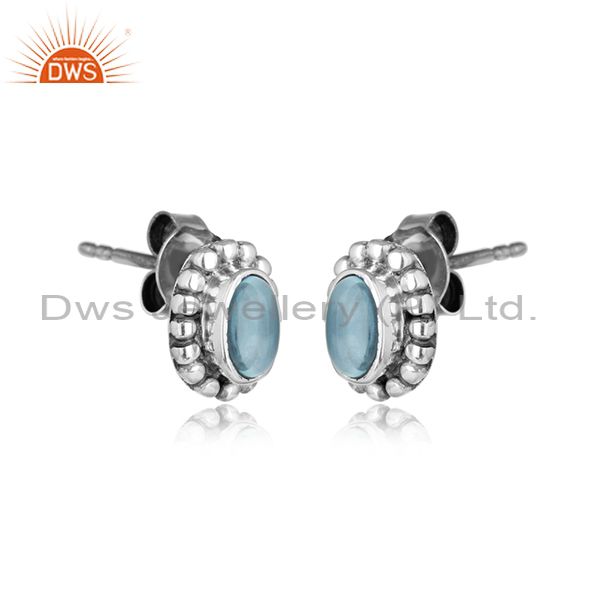 Blue topaz gemstone womens oxidized 925 silver stud tiny earrings