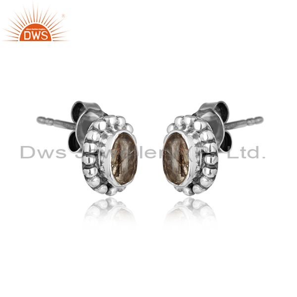 Black rutile gemstone designer oxidized silver antique stud earrings