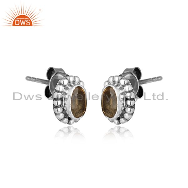 Oxidized 925 silver designer citrine gemstone antique stud earrings