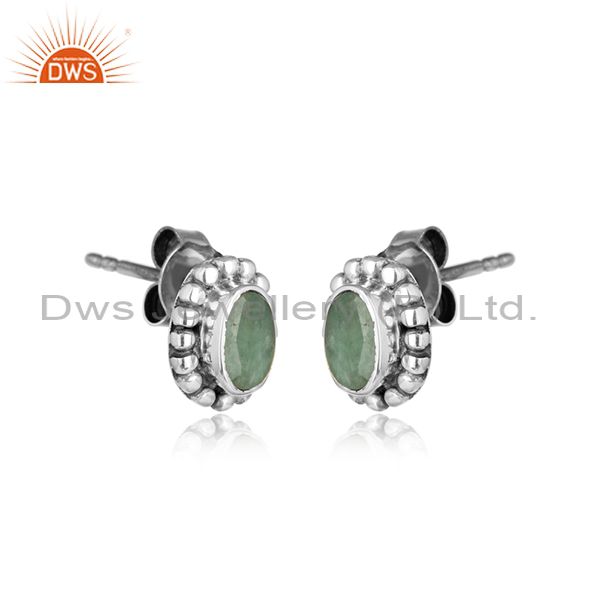 Natural emerald gemstone antique silver oxidized stud earrings