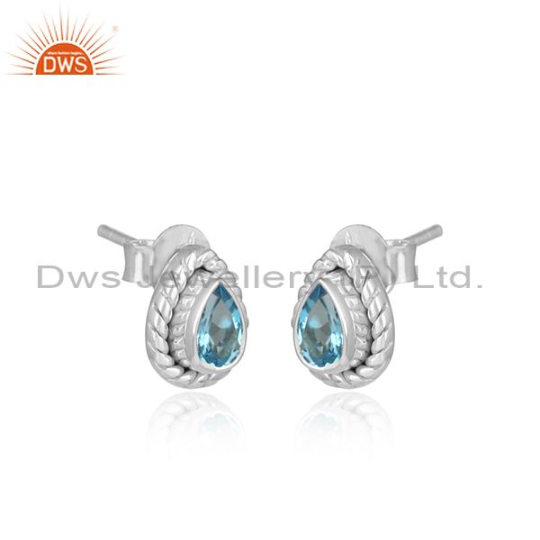 Pear shape sterling silver natural blue topaz stud earring