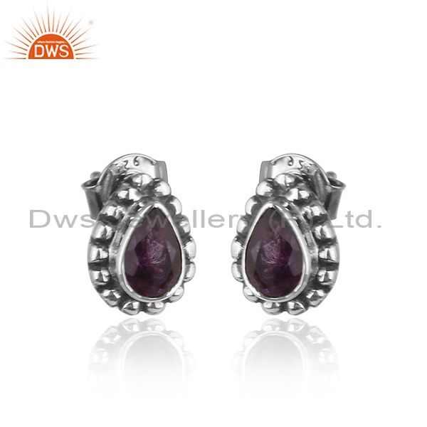 Exporter Pear Shape Amethyst Gemstone Silve Oxidized Stud Earrings Jewelry